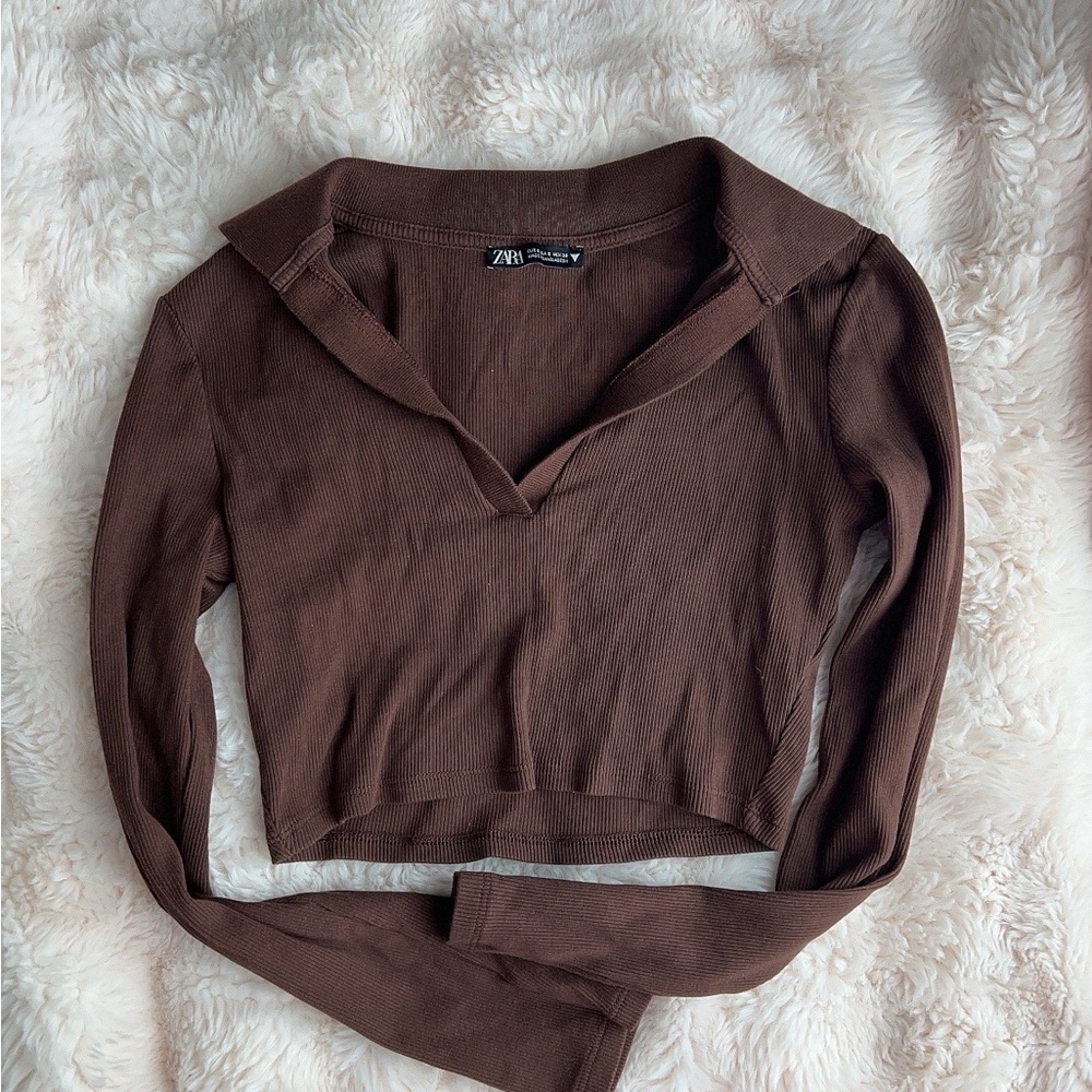 Zara Brown Long Sleeve Collared Top